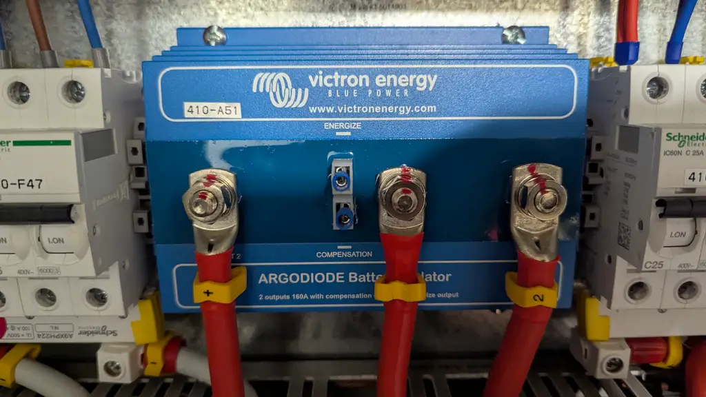 Victron Argodiode battery isolator with red cables connected