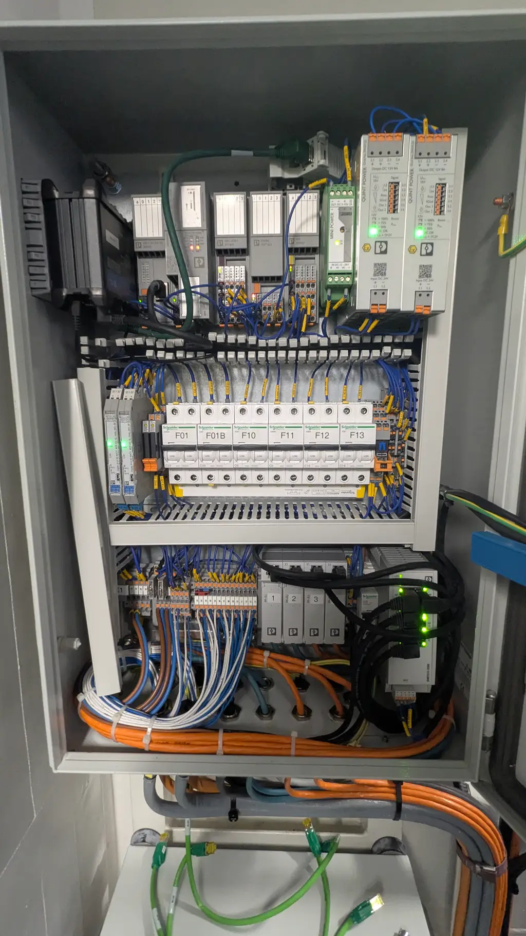 Control cabinet with fuse modules and relays on a DIN rail